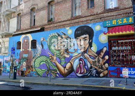 Bruce Lee, graffiti, Chinatown, San Francisco, California, USA, North America Stock Photo