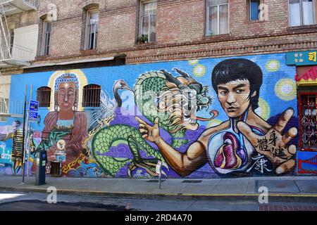 Bruce Lee, graffiti, Chinatown, San Francisco, California, USA, North America Stock Photo