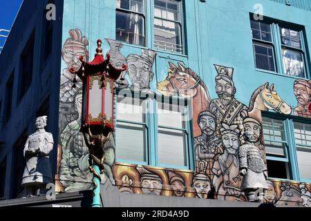terracotta warrior mural and statue, Chinatown, San Francisco, California, USA, North America Stock Photo