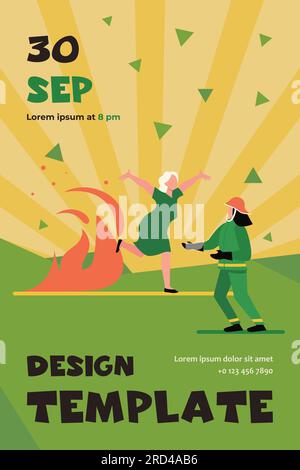 Woman running from fire to firefighter Stock Vector