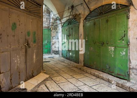 The Three Markets, closed due to strike, in the Muslim Quarter of the Old City of Jerusalem Stock Photo