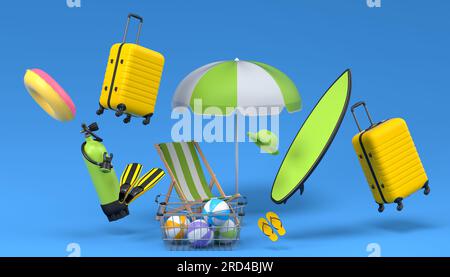 Colorful luggage with beach accessories and shopping basket flying on blue background. 3D render of summer vacation concept and holidays Stock Photo