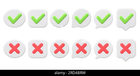3D vector Green tick check mark and cross mark symbols. Different speech bubbles, round buttons. 3d minimalist style. Symbols of acceptance, rejection Stock Vector