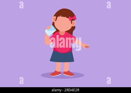 Cartoon flat style drawing beauty little girl standing while holding and enjoying glass of fresh milk to fulfill her body nutrition. Child health and Stock Photo