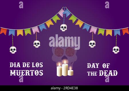Day of the dead postcard. skull and candles , bread of the dead .Dia de los muertos vector illustration Stock Vector