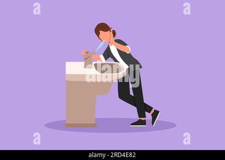 Cartoon flat style drawing young businesswoman who is thirsty drinking at the ready-to-drink taps that are widely available in public spaces. Healthy Stock Photo