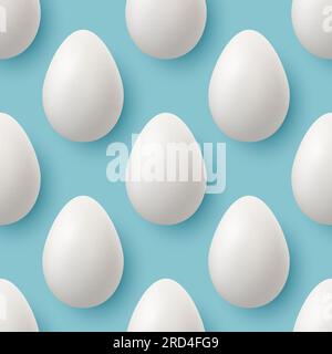 Vector Seamless Pattern with 3d Realistic White Chicken Eggs Closeup Isolated on Blue Background. Vector Whole Chicken Eggs. Egg in Front, Top View Stock Vector
