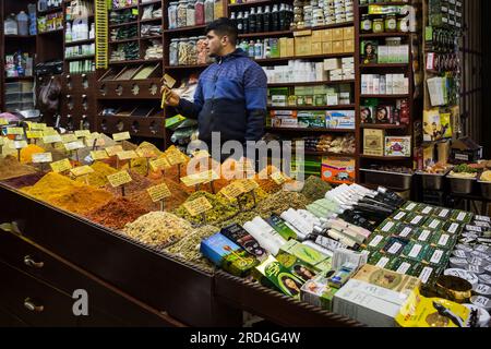 Interior of a spices and herbs shop in the Spice and perfume Market (Souq al-Attarine) of the Three Markets, Muslim Quarter, Old City of Jerusalem Stock Photo