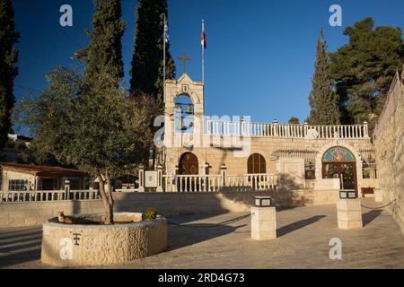 Horizontal view of the Courtyard of the Church of the Sepulchre of Saint Mary (or Tomb of the Virgin Mary) in the Mount of Olives, Jerusalem, Israel Stock Photo