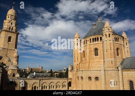 Panoramic view of The Cenacle (or the Upper Room) tower and the Abbey of the Dormition, Mount Zion, Jerusalem, Israel Stock Photo