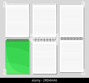 Vector Notepad Set, collection of 5 cut out illustrations of various lined empty notepad pages, group of opened and closed bind notepads on grey backg Stock Vector