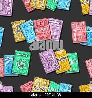 Vector Textbook Seamless Pattern, dark repeat background with illustrations of variety colorful school book composition for wrapping paper, collection Stock Vector