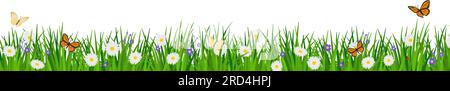 Lush grass with flowers and butterflies, banner with copy space Stock Vector