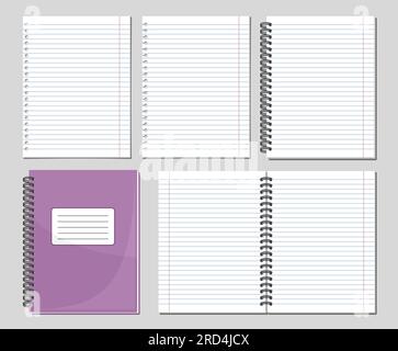 Vector Spiral Notebook Set, collection of 5 cut out illustrations of various blank notebook lined pages with red border, group of opened and closed bi Stock Vector