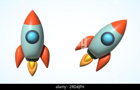 Inflated 3D Vector Retro Futuristic Rocket Launch Illustrations. Abstract Spacecraft Templates Set Isolated Stock Vector