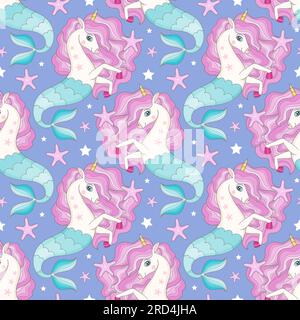 Seamless pattern with seahorses unicorns on a blue background. For fabric design, wallpapers, backgrounds, wrapping paper, scrapbooking. Vector Stock Vector