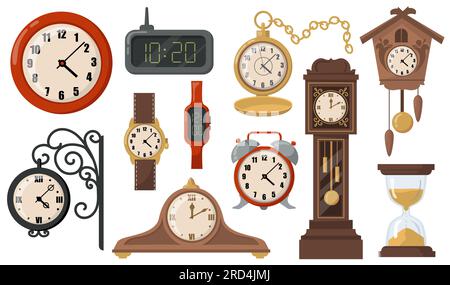 Modern or retro mechanical and electronic clocks flat item set Stock Vector