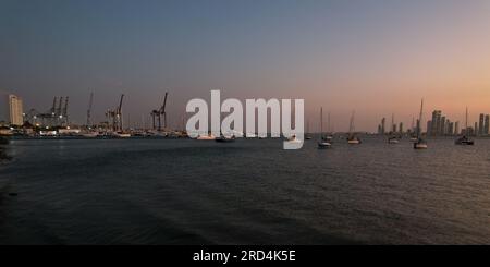 Panoramic View of the Boats in the Marina by the Bay with Cartagena Skyline in the Background at Sunset in Cartagena de Indias, Colombia Stock Photo