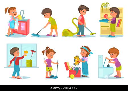 Smiling kids cleaning home. Little children wash and vacuum floors. Girl with mop and broom. Baby folding toys and books. Household chores Stock Vector