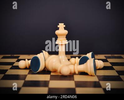 white king and fallen pawns on chess board Stock Photo