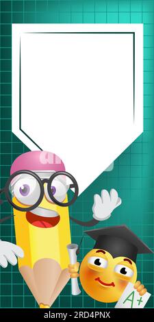 Cartoon pencil character with emoji and copy space Stock Vector