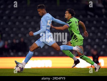 Forest Green Rovers Dom Bernard and Coventry City's Kai Andrews during the pre-season friendly match at The New Lawn Stadium, Nailsworth. Picture date: Tuesday July 18, 2023. Stock Photo