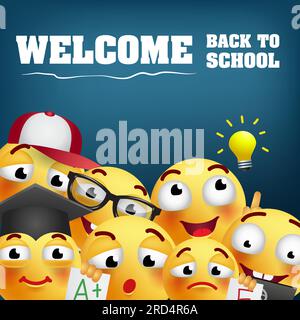Welcome back to school lettering and smiling emojies Stock Vector
