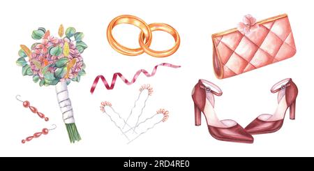 Set of wedding accessories. Clutch, golden rings, pearl hairpins, earrings, brides bouquet, female leather shoes with high heels, satin ribbon. Stock Photo