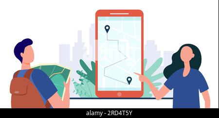 Young people using paper and online map Stock Vector