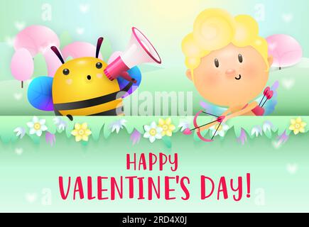 Valentines day banner design. Cheerful Cupid and bee Stock Vector