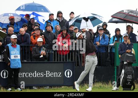 Hoylake, Merseyside, UK. 18th July 2023; Royal Liverpool Golf Club, Hoylake, Merseyside, England: The Open Championship Practice Day; Max Homa (USA) plays from the tee at he apr three 6th hole Credit: Action Plus Sports Images/Alamy Live News Stock Photo