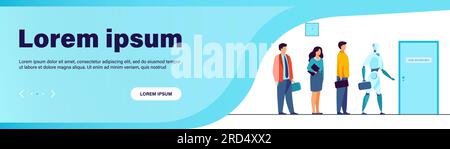 Robots and human candidates waiting in line Stock Vector