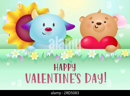 Valentines day banner design. Cheerful monster Stock Vector