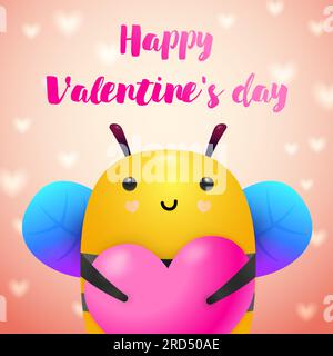 Valentines day poster design. Sweet bee holding pink heart Stock Vector