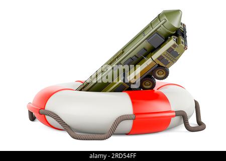 Scud missile, mobile short-range ballistic missile system with lifebuoy. 3D rendering isolated on white background Stock Photo