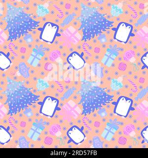 Christmas cartoon animals seamless penguin and gift box and candy pattern for wrapping paper and fabrics  Stock Photo