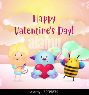 Valentines day invitation design. Sweet monster with red heart Stock Vector