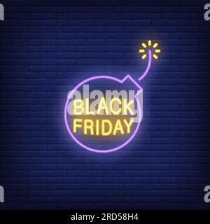 Black Friday neon text on bomb Stock Vector