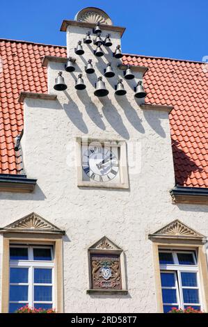 Old town hall, tourist information, facade with clock and carillon, registry office and tourist information, Haltern, Muensterland, North Stock Photo