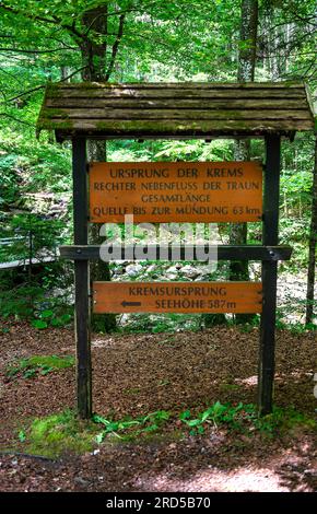 Information board at the source of the Krems, sources from the river Krems, Micheldorf, Upper Austria, Austria Stock Photo