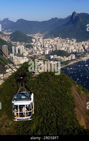 Cable car to Sugar Loaf Mountain, Pao Azucar, view of Rio de Janeiro, Brazil Stock Photo