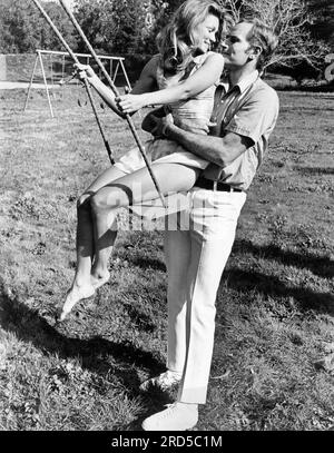 Yvette Mimieux, Charlton Heston, on-set of the Film, 'Skyjacked', MGM, 1972 Stock Photo