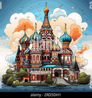 Cathedral of Vasily the Blessed. Saint Basil's Cathedral hand-drawn comic illustration. Vector doodle style cartoon illustration Stock Vector
