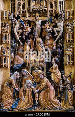 Crucifixion of Jesus, detail of central part of carved winged altar, work of the Lukas Guild Antwerp, late Gothic, Sankt Lambertus, Affeln Stock Photo