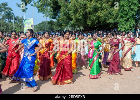 Girls performing group dances during independence day celebration at