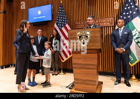 Rebecca Weiner takes an oath at public safety announcement by Mayor Eric Adams and Police Commissioner Edward Caban at NYPD Headquarters in New York on July 18, 2023 Stock Photo