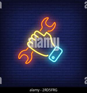 Hand holding wrench. Neon sign element Stock Vector