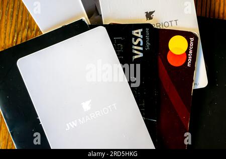 JW Marriott room key card, Visa card, Mastercard credit cards Stock Photo