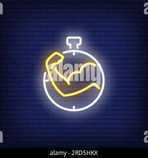 Arm showing biceps and stopwatch neon sign Stock Vector