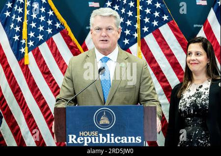 Washington, United States. 18th July, 2023. U.S. Representative Mike Collins (R-GA) speaking with reporters at a House Republican leadership press conference at the U.S. Capitol. Credit: SOPA Images Limited/Alamy Live News Stock Photo